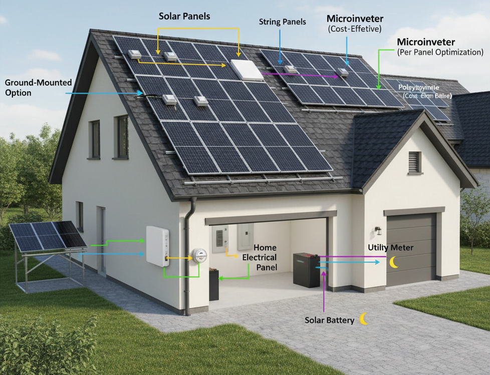 A detailed diagram of a modern U.S. home solar system showing rooftop solar panels, a ground-mounted option, a solar battery in the garage, and connections to the home electrical panel and utility meter
