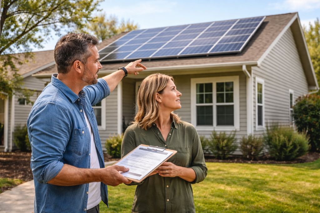 Two adults stand in front of a U.S. suburban home with rooftop solar panels, reviewing permit for solar panels paperwork while looking up at the system