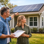 Two adults stand in front of a U.S. suburban home with rooftop solar panels, reviewing permit for solar panels paperwork while looking up at the system
