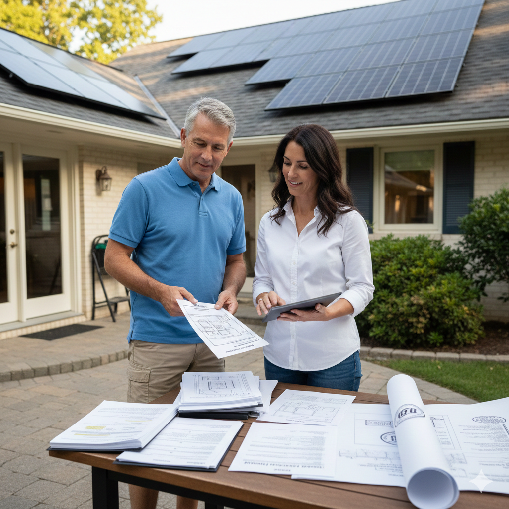 A homeowner and installer discuss the permit for solar panels while reviewing rooftop layout designs.