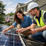 A homeowner and a technician discussing solar panel installation on a suburban house roof in the United States.
