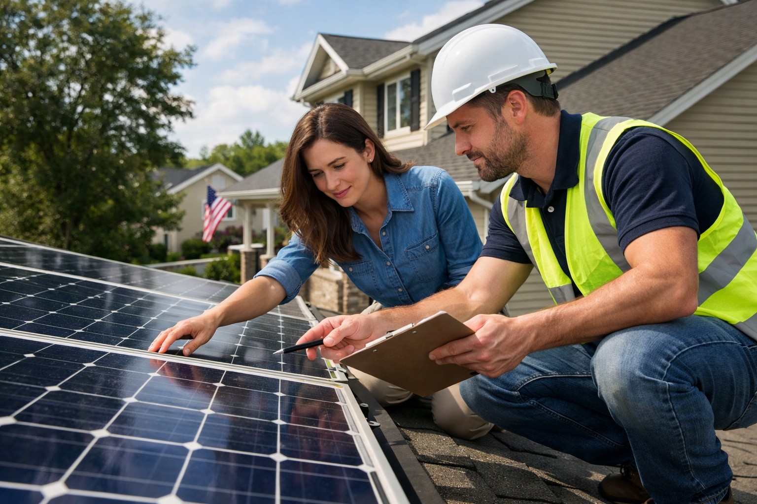 A homeowner and a technician discussing solar panel installation on a suburban house roof in the United States.